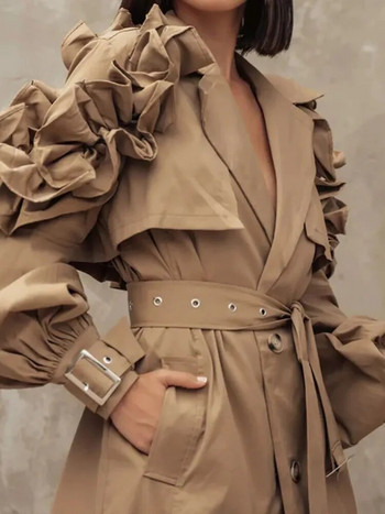 TWOTWINSTYLE Плътен пачуърк колан Windcoat за жени Дамски ревери с ръкав-фенер с висока талия Свързани копчета Елегантни тренчи Дамски