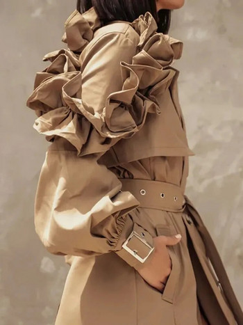 TWOTWINSTYLE μονόχρωμο παλτό με ζώνη συνονθύλευμα γυναικείο μανίκι με φανάρι με ψηλόμεσο κουμπιά κομψές γυναικείες