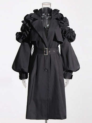 TWOTWINSTYLE Плътен пачуърк колан Windcoat за жени Дамски ревери с ръкав-фенер с висока талия Свързани копчета Елегантни тренчи Дамски
