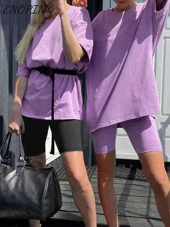 Масивен комплект от две части за жени Летен ежедневен комплект тениска с къс ръкав и къси панталони за 2023 г. Дамски извънгабаритен спортен костюм за улицата
