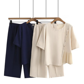 Дамски комплект плюс размер Лятна мода 2023 г. Шифонена тениска с къс ръкав и панталони Извити дрехи с големи извивки K74-2313