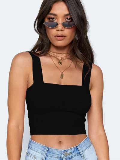 Crop crop de vară fără mâneci cu gât pătrat, alb, femei, negru, ocazional, tricou de bază, cu umăr dezactivat, sexy, fără spate