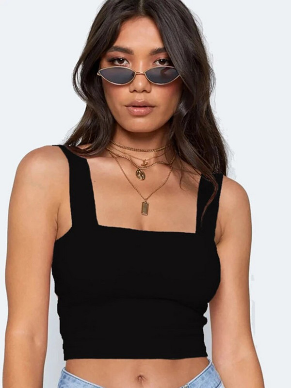 Kvadratinio kaklo vasariniai marškinėliai be rankovių, balti moteriški juodi laisvalaikio marškinėliai nuo pečių.