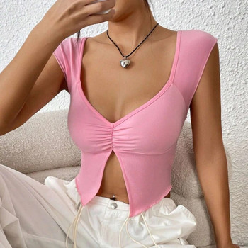 Σέξι ροζ φανελάκι με τετράγωνο λαιμόκοψη Κορεάτικη μόδα Καλοκαιρινή σέξι γυναικεία ρούχα Slim Tees Γυναικείο λαιμό V λαιμόκοψη Y2K Αμάνικα 2024 Streetwear