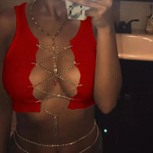 Piros fehér fém lánc ujjatlan vágás felső szexi klubruházat női, állítható fűzős, üreges felsők pólók Camisole