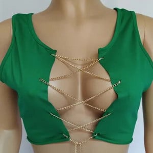 Piros fehér fém lánc ujjatlan vágás felső szexi klubruházat női, állítható fűzős, üreges felsők pólók Camisole