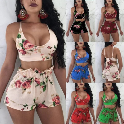 Spring Green Leaf Print Shorts Suits High Street Holiday Crop Blouse Top And A-line Shorts Women Sets Beach Sexy Sets