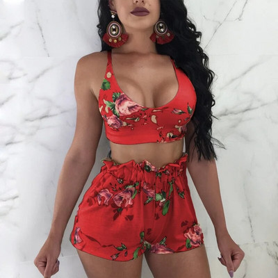Pantaloni scurți cu imprimeu frunze verzi de primăvară Costume High Street Holiday Crop Bluză Top și pantaloni scurți A-line Seturi pentru femei Seturi sexy pentru plajă