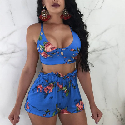 Pantaloni scurți cu imprimeu frunze verzi de primăvară Costume High Street Holiday Crop Bluză Top și pantaloni scurți A-line Seturi pentru femei Seturi sexy pentru plajă