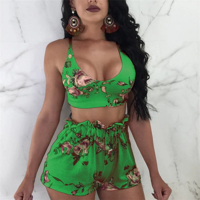 Pantaloni scurți cu imprimeu frunze verzi de primăvară Costume High Street Holiday Crop Bluză Top și pantaloni scurți A-line Seturi pentru femei Seturi sexy pentru plajă
