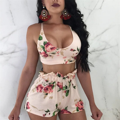 Pantaloni scurți cu imprimeu frunze verzi de primăvară Costume High Street Holiday Crop Bluză Top și pantaloni scurți A-line Seturi pentru femei Seturi sexy pentru plajă