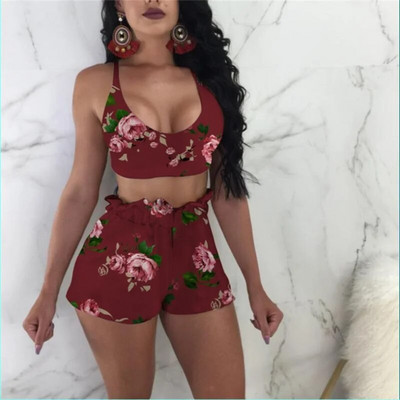 Pantaloni scurți cu imprimeu frunze verzi de primăvară Costume High Street Holiday Crop Bluză Top și pantaloni scurți A-line Seturi pentru femei Seturi sexy pentru plajă