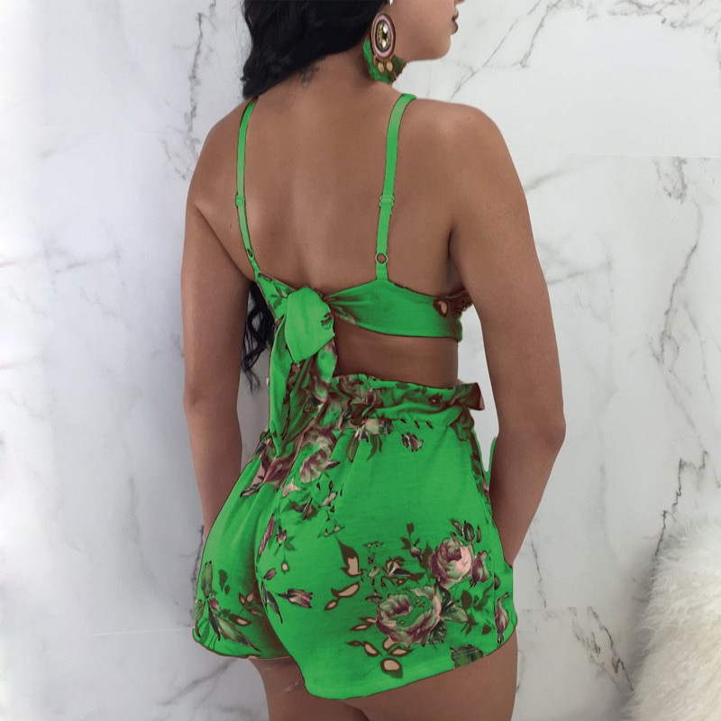 Pavasario žaliais lapeliais marginti šortai kostiumai High Street Holiday Crop Palaidinė Viršutinė ir A linijos šortai Moteriški rinkiniai Seksualūs paplūdimio komplektai