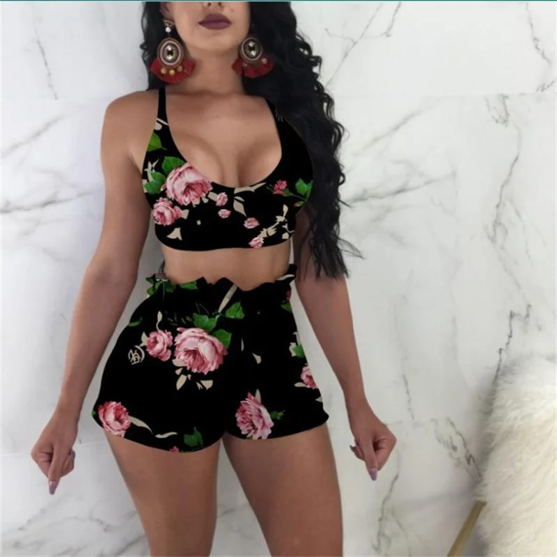 Pavasario žaliais lapeliais marginti šortai kostiumai High Street Holiday Crop Palaidinė Viršutinė ir A linijos šortai Moteriški rinkiniai Seksualūs paplūdimio komplektai