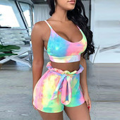 Set de pantaloni scurți de fitness casual de vară 2 piese ținute femei 2024 de vacanță cu decolteu în V Sexy crop tops la modă costum subțire drept pantaloni scurți