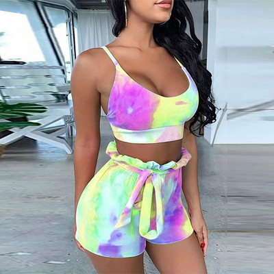 Set de pantaloni scurți de fitness casual de vară 2 piese ținute femei 2024 de vacanță cu decolteu în V Sexy crop tops la modă costum subțire drept pantaloni scurți