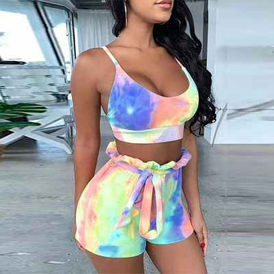 Set de pantaloni scurți de fitness casual de vară 2 piese ținute femei 2024 de vacanță cu decolteu în V Sexy crop tops la modă costum subțire drept pantaloni scurți