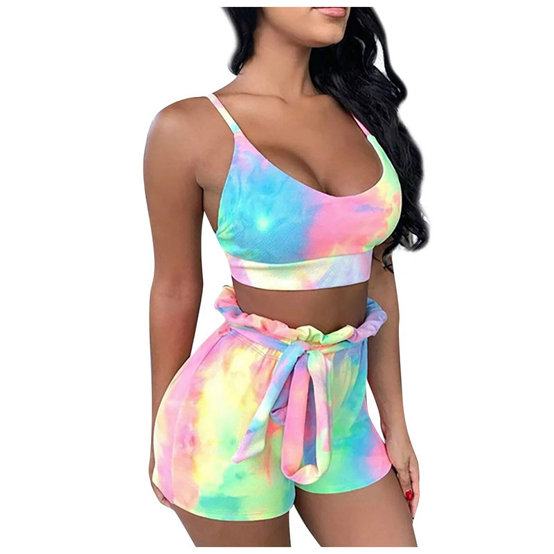 Vasaros laisvalaikio kūno rengybos šortų rinkiniai 2 dalių komplektai Moteriški 2024 m. atostogų V formos iškirptė Seksualūs apkarpyti viršutiniai drabužiai Madingas plonas tiesus šortų kostiumas