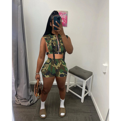 2023 Summer New Camouflage Frock Vest Jacket Shorts Leisure Time Motion Street Fashion Sexy Women Suit