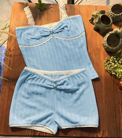 Ținute din două piese pentru femei, vară, sexy, Y2K, vintage, cu garnitură din dantelă, camis, crop tops + pantaloni scurți, haine de club estetice din anii 2000 Fairycore