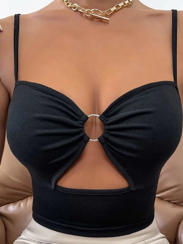 Moteriški seksualūs apkarpyti viršutiniai marškinėliai su spagečių dirželiu V kaklo iškirpti apvalūs žiedai, sujungti be rankovių, ploni liemeniniai korsetas Y2K