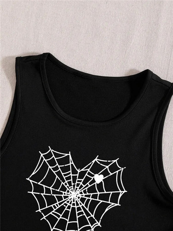 Дамски готически паяжина със сърце с принт Графичен потник 2024 Y2K Летни дрехи Улично облекло Черно без ръкави Облекло по тялото Гръндж