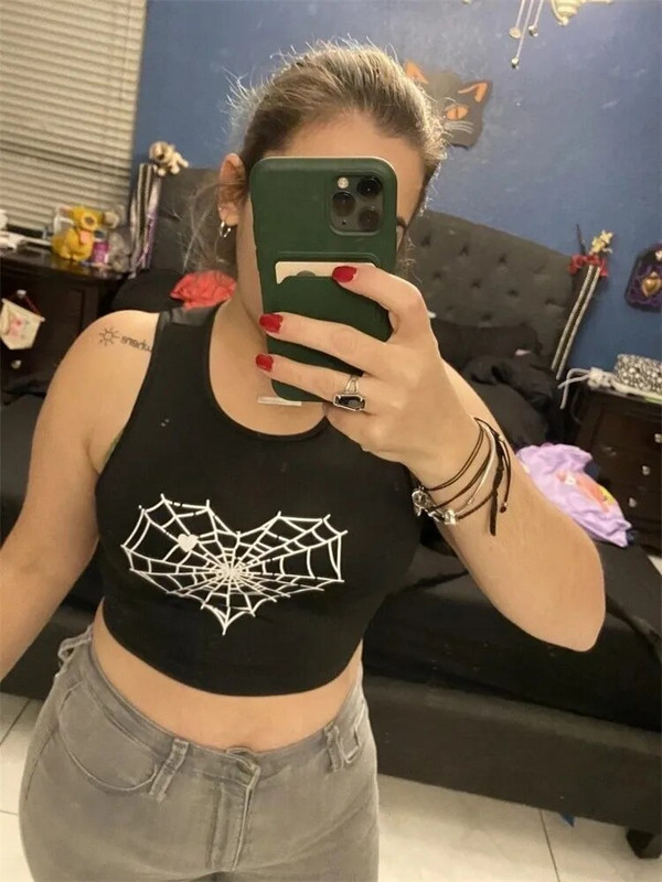 Ženska gotička majica bez rukava s printom paučine u obliku srca 2024. Ljetna odjeća Y2K Ulična crna majica bez rukava bez rukava Crop Top Grunge