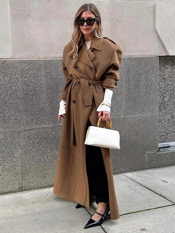 Дамско едноцветно ретро вълнено палто, есенно яке с ревер и яка, джобове, свободно топло палто, дамски шикозни зимни якета за 2023 г.