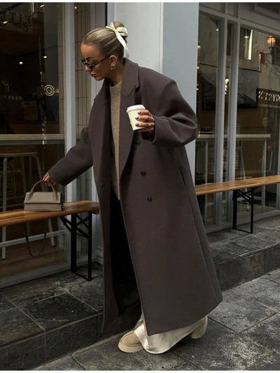 Дамско едноцветно ретро вълнено палто, есенно яке с ревер и яка, джобове, свободно топло палто, дамски шикозни зимни якета за 2023 г.