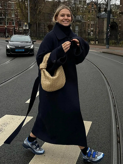 Дамско едноцветно ретро вълнено палто, есенно яке с ревер и яка, джобове, свободно топло палто, дамски шикозни зимни якета за 2023 г.