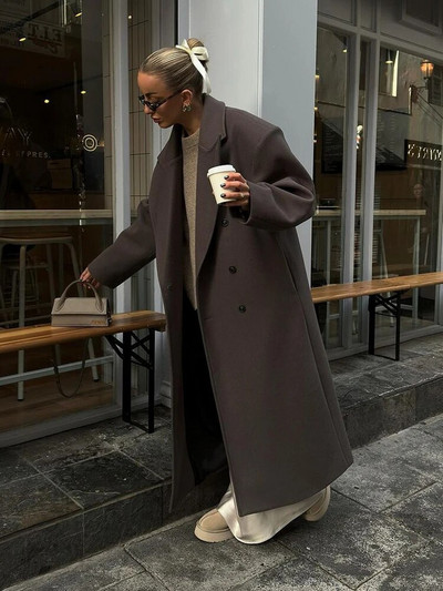 Дамско едноцветно ретро вълнено палто, есенно яке с ревер и яка, джобове, свободно топло палто, дамски шикозни зимни якета за 2023 г.