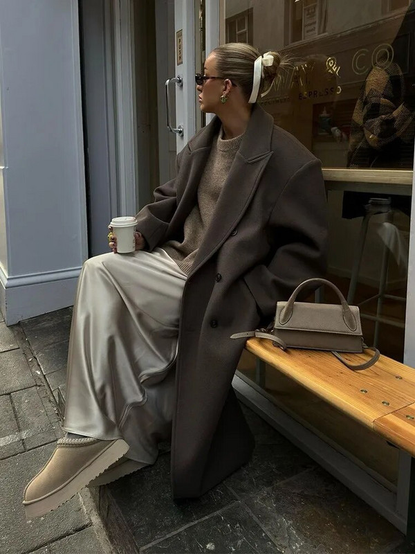 Дамско едноцветно ретро вълнено палто, есенно яке с ревер и яка, джобове, свободно топло палто, дамски шикозни зимни якета за 2023 г.