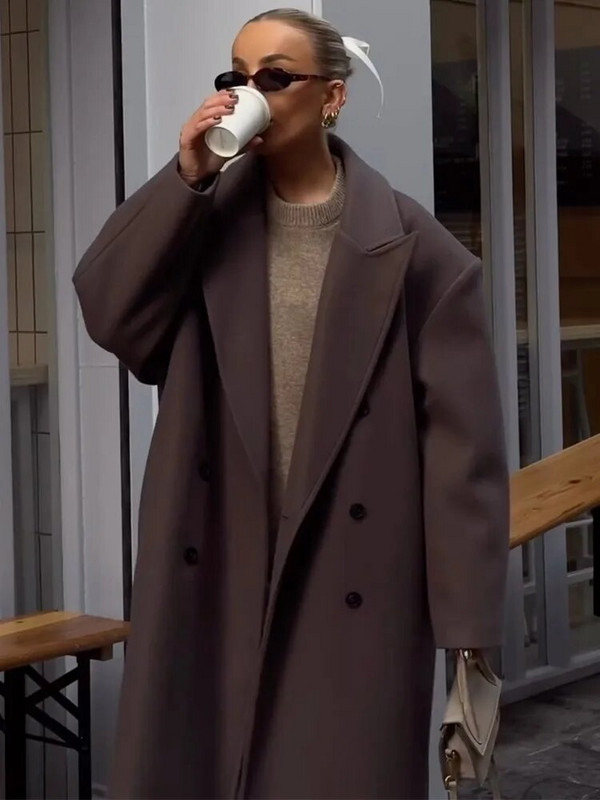 Дамско едноцветно ретро вълнено палто, есенно яке с ревер и яка, джобове, свободно топло палто, дамски шикозни зимни якета за 2023 г.