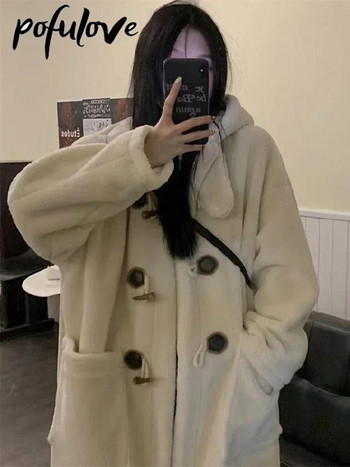 Παλτό από αρνί μάλλινο Γυναικείο φλις κουκούλα μπουφάν Cowhorn Κουμπί Φαρδύ παλτό Χειμώνας Ζεστό Γυναικείο Μεσαίου μήκους Κορεάτικο χοντρό πανωφόρι