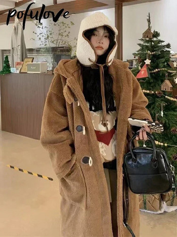 Παλτό από αρνί μάλλινο Γυναικείο φλις κουκούλα μπουφάν Cowhorn Κουμπί Φαρδύ παλτό Χειμώνας Ζεστό Γυναικείο Μεσαίου μήκους Κορεάτικο χοντρό πανωφόρι