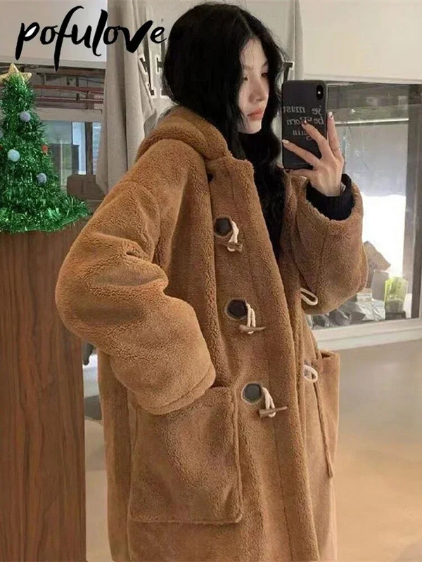 Báránygyapjú kabátok női gyapjú kapucnis kabát tehénhorn gomb bő kabát tél meleg női középhosszú koreai vastag felsőkabát
