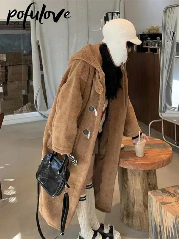 Báránygyapjú kabátok női gyapjú kapucnis kabát tehénhorn gomb bő kabát tél meleg női középhosszú koreai vastag felsőkabát