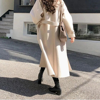 Зимни корейски дамски палта от изкуствена вълна, модни елегантни плътни колани, удебелени, дълго яке, женско свободно универсално горно облекло