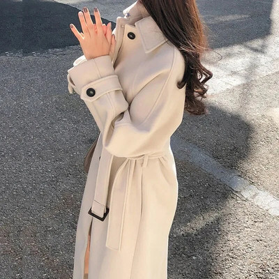 Zimski korejski ženski kaputi od umjetne vune, modni, elegantni, dugi sako s debelim remenom, široka ženska široka kombinacija vanjske odjeće