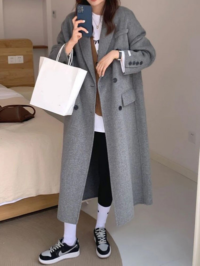 Zoki Zimski debeli uredski ženski dugi vuneni kaput Elegantna modna ženska jakna od umjetne vune Jednostavna siva odjeća dugih rukava za sve vrste