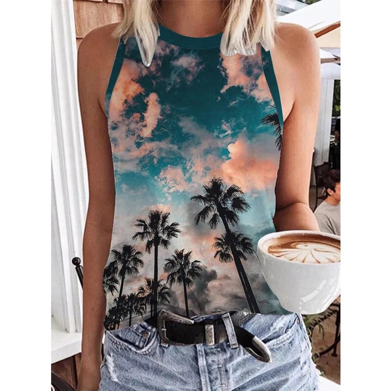Hawaii Scenery 3D Print Tankfelső Nyári Női Strand utcai ruházat Y2k felsők Túlméretezett mellény, ujjatlan, női kamisole