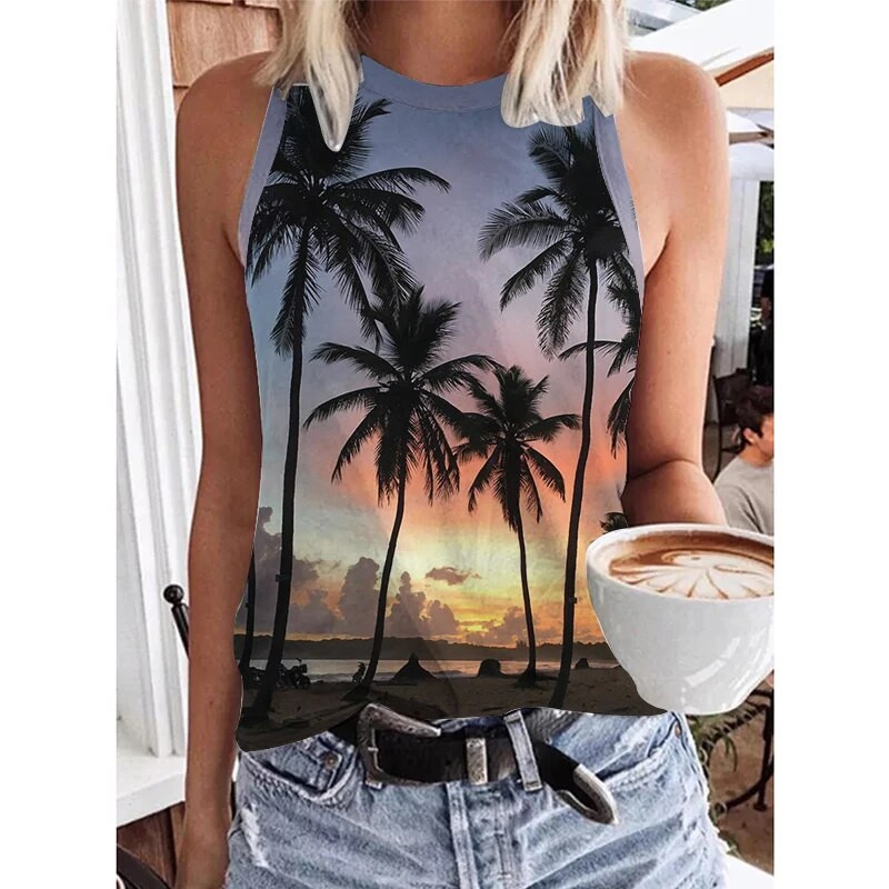 Hawaii Scenery 3D Print Tankfelső Nyári Női Strand utcai ruházat Y2k felsők Túlméretezett mellény, ujjatlan, női kamisole