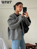 Hétköznapi, egygombos gyapjú női kabát, 2023, hosszú ujjú, bő, rövid őszi téli kabát női elegáns szürke, elegáns V-nyakú kabátok