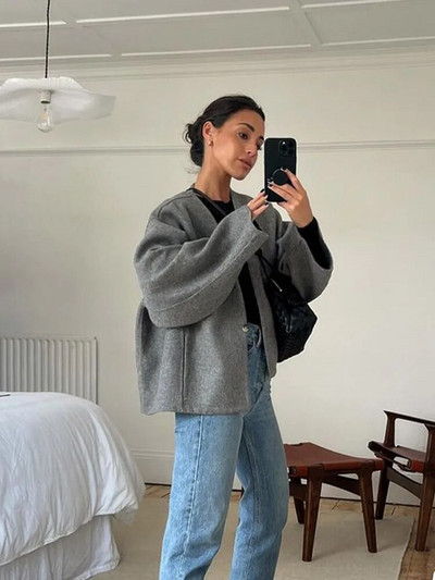 Hétköznapi, egygombos gyapjú női kabát, 2023, hosszú ujjú, bő, rövid őszi téli kabát női elegáns szürke, elegáns V-nyakú kabátok