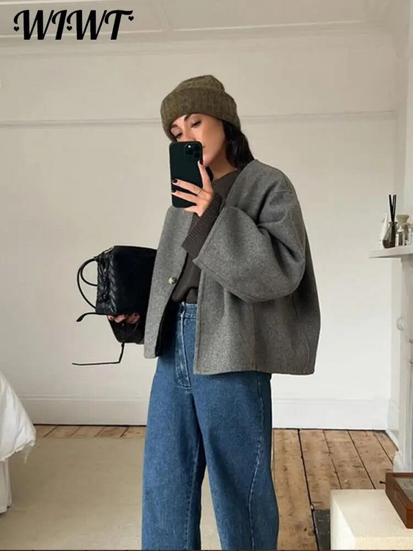 Hétköznapi, egygombos gyapjú női kabát, 2023, hosszú ujjú, bő, rövid őszi téli kabát női elegáns szürke, elegáns V-nyakú kabátok