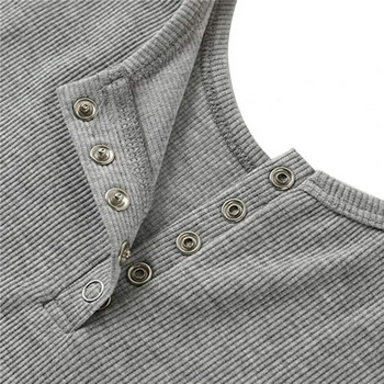 Секси дамска жилетка Едноцветна тениска без ръкави с копчета с ниско изрязване, тънка плетена тениска за спорт