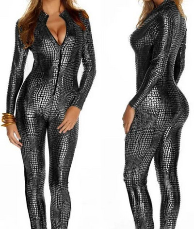 Salopetă de șarpe cu aspect umed, negru, sexy, costum din latex din PVC, costume pentru club de noapte, DS, body pentru femei, fetiș, uniforme de joc din piele lacuită