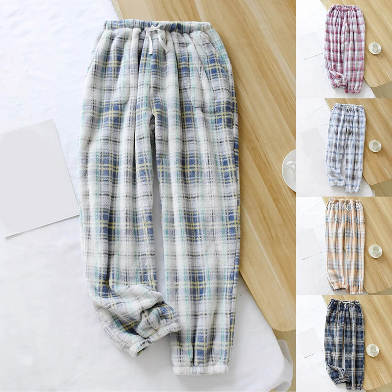 Moteriškos žieminės flanelinės minkštos pižamos kelnės, languotos margintos koralų vilnos, pastorintos, šiltesnės namų kelnės su kišenėmis Laisvalaikio kelnės