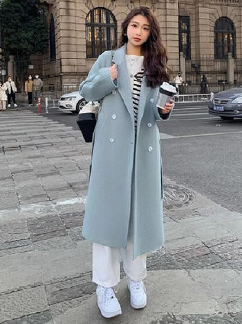 Дамско яке с връзки Пролетно 2024 г. Пролетно корейско изкуствено вълнено двуредно миди палто с цял ръкав Дамско каузално свободно облекло