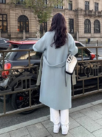 Дамско яке с връзки Пролетно 2024 г. Пролетно корейско изкуствено вълнено двуредно миди палто с цял ръкав Дамско каузално свободно облекло